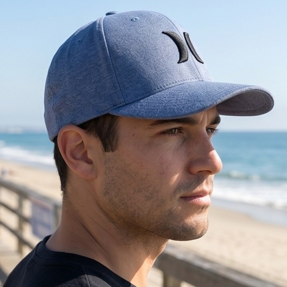 Hurley Mens Flexfit Baseball Cap Blue Heathered Logo Hat‎ Vintage Yupoong